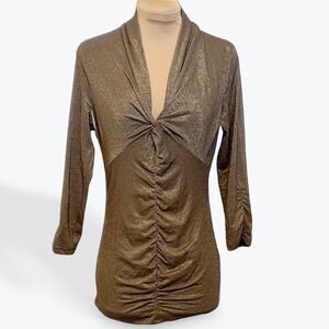 HAROLD'S Women's Bronze Metallic Ruched Twist Front Long Sleeve Top S